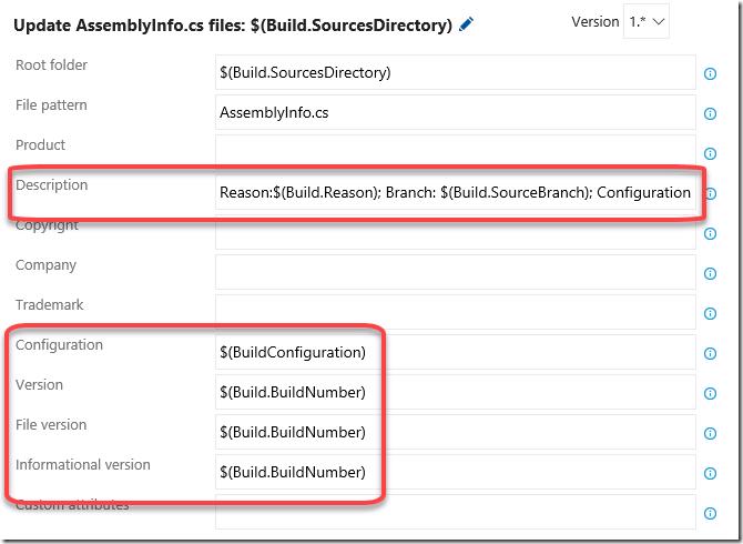 VSTS/TFS build definition: Assembly versioning settings.