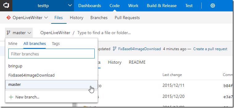 VSTS repository with all branches imported