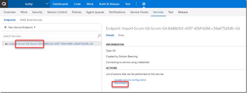 VSTS disconnect service endpoint dialog