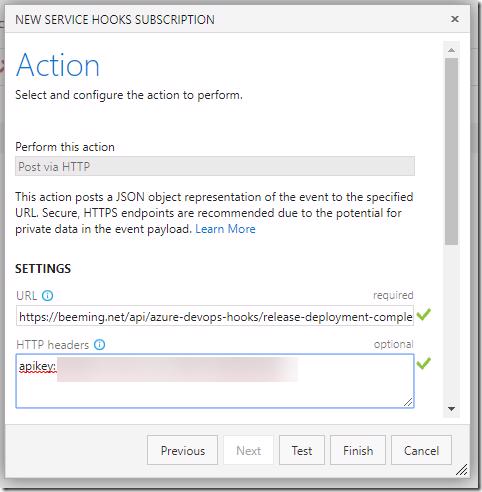 Azure DevOps Web Hook action settings for release deployment completed