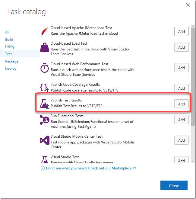 VSTS/TFS build definition: Adding the 'Publish Test Results' task.