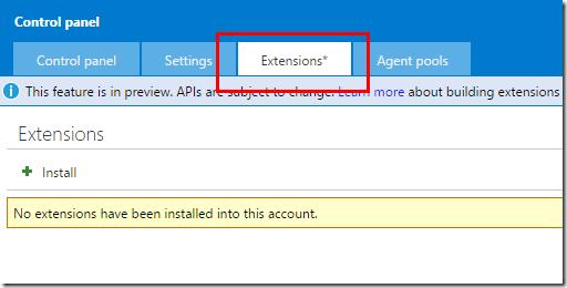VSTS admin section showing Extensions tab