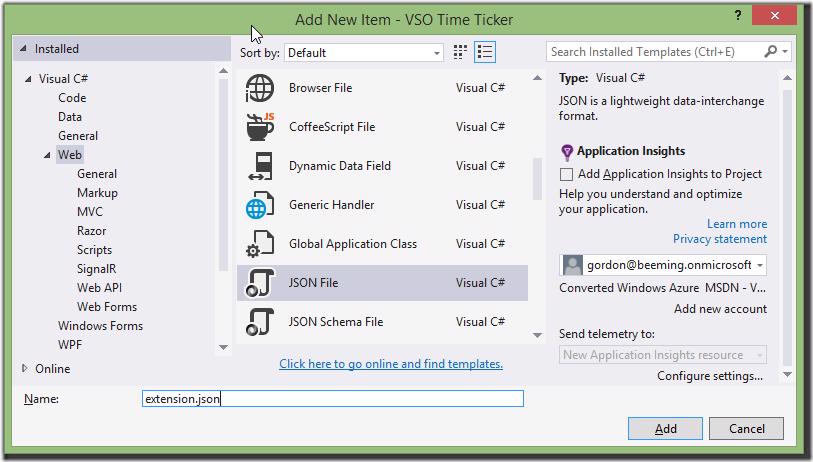 Visual Studio Add New Item dialog with JSON file selected