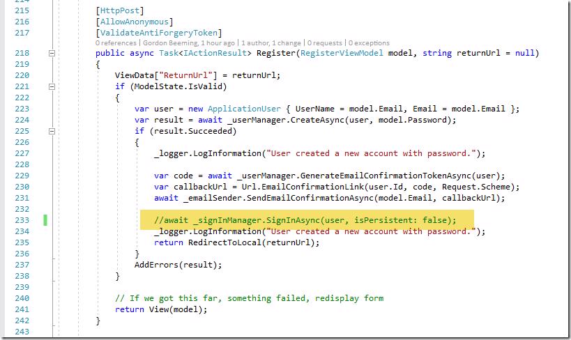 AccountController.cs showing SignInManager.SignInAsync line to be commented out