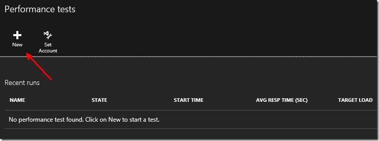 Azure portal Performance tests blade with New button highlighted