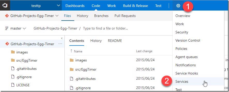 VSTS Project settings menu