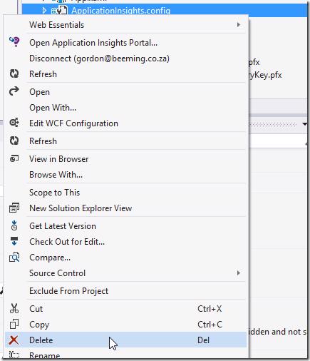 Solution Explorer showing ApplicationInsights.config file
