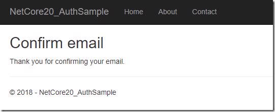 Email confirmation page in the application