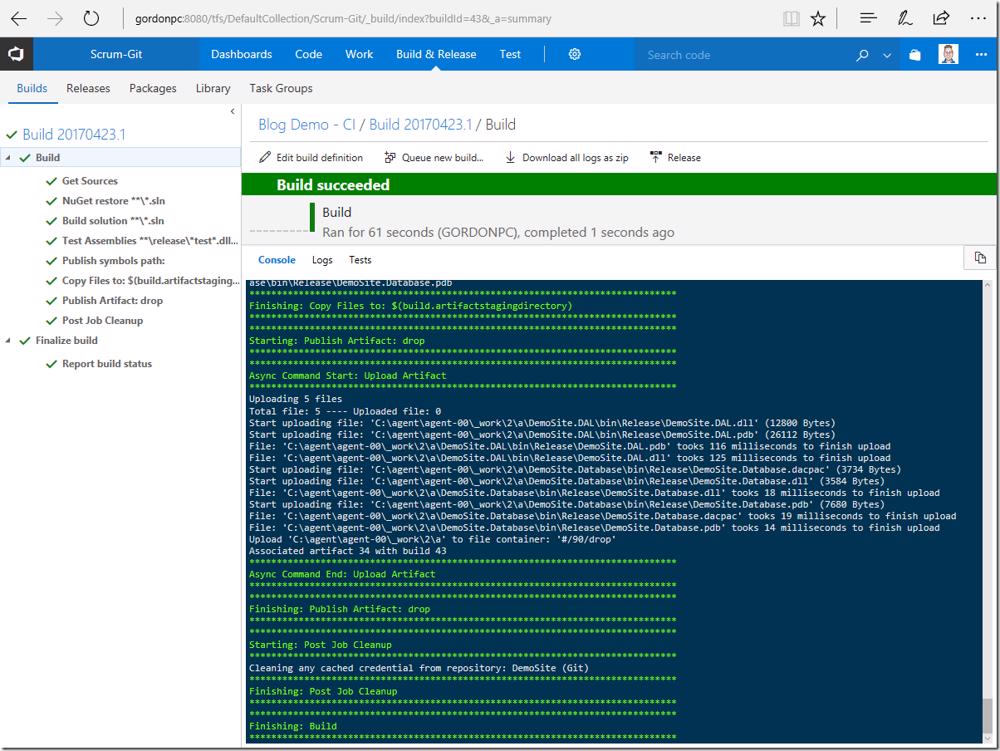 VSTS/TFS: Successful build summary.