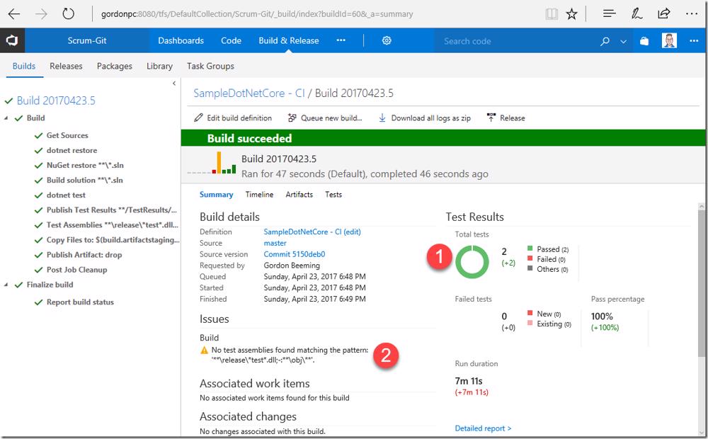 VSTS/TFS build summary: Discrepancy in test reporting - 2 tests found but also 'no tests found' message.