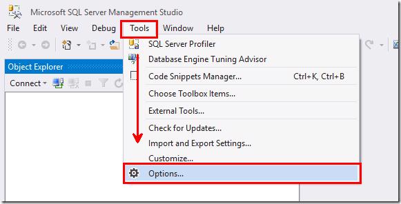 SSMS Tools menu with Options highlighted