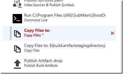 VSTS/TFS build definition showing the configuration of the Copy Files task