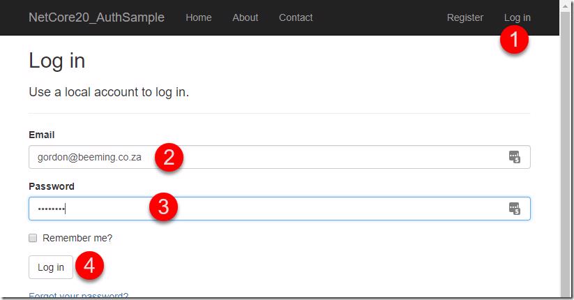 Login page of the ASP.NET Core application