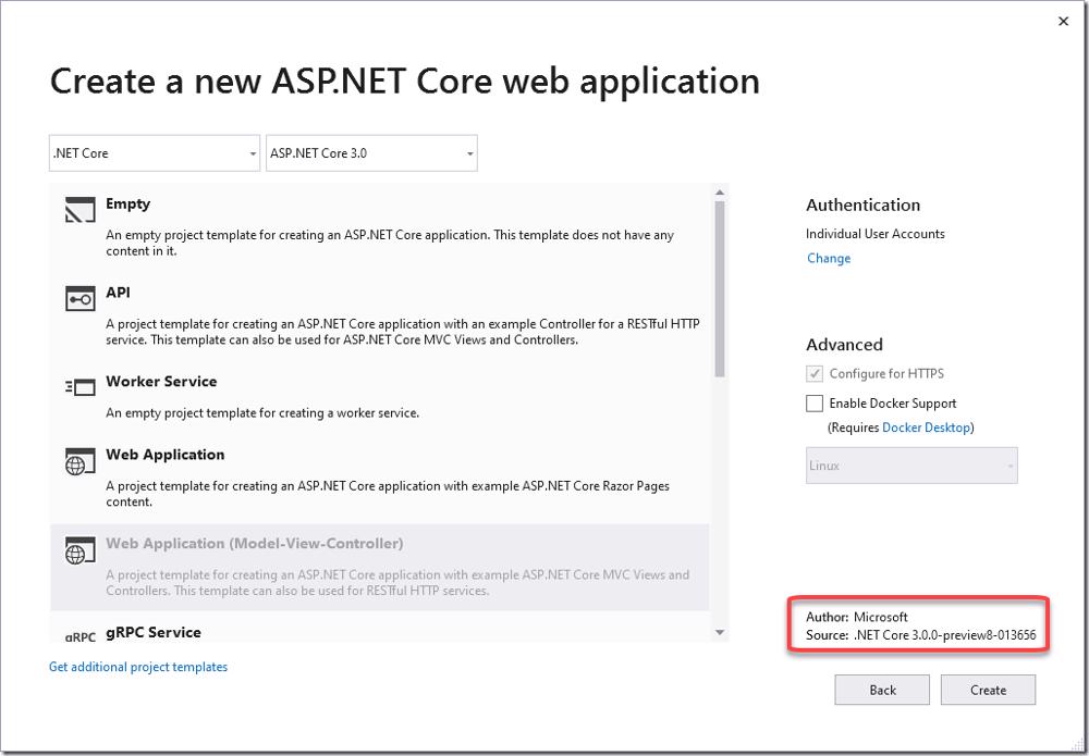 Visual Studio new ASP.NET Core 3 project