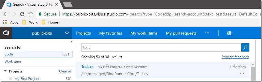 VSTS code search results for 'test'