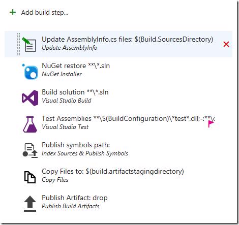 VSTS/TFS build definition: Update AssemblyInfo task as the first step.