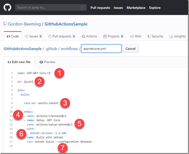 GitHub Actions ASP.NET Core workflow YAML file