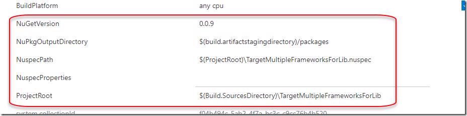 VSTS Task Group parameters for NuGet pack