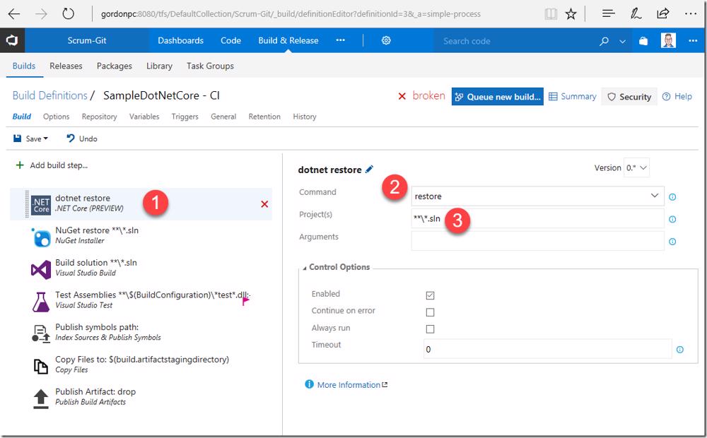 VSTS/TFS build definition: .NET Core task configured for restore command on the solution file.