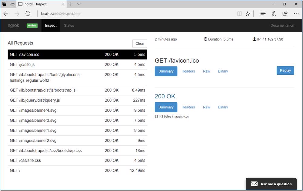 ngrok web interface showing request details