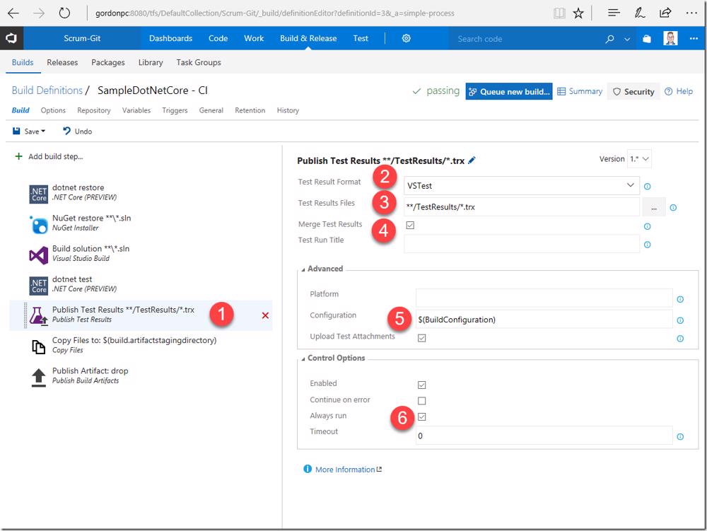 VSTS/TFS build definition: 'Publish Test Results' task configured for VSTest format and .trx files.