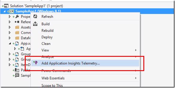 Visual Studio - Add Application Insights Telemetry option for a Windows Store App