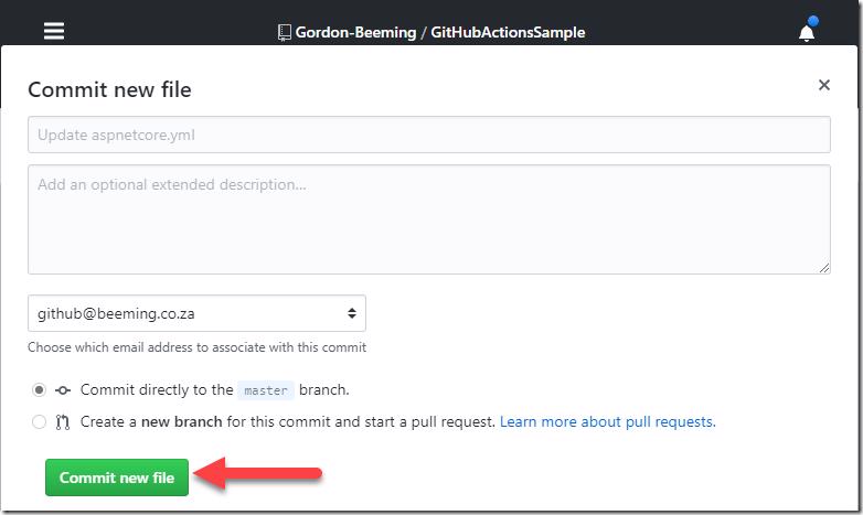 GitHub Actions Commit New File dialog