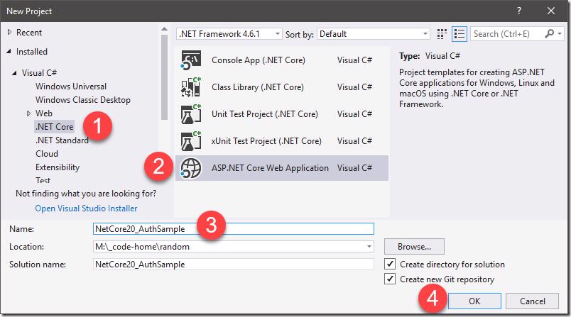 Visual Studio New Project dialog for ASP.NET Core Web Application