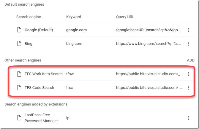 Chrome search engines list with TFS search engines added