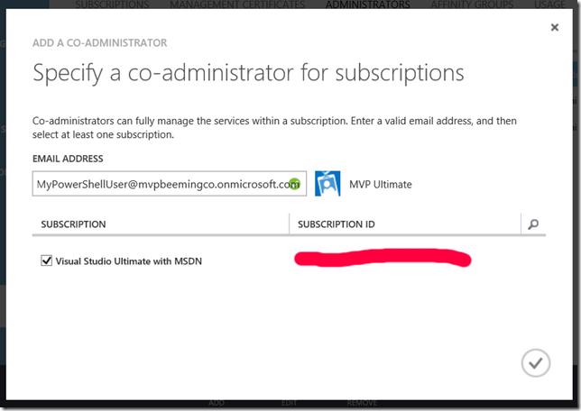 Azure Management Portal - Add co-administrator dialog with email and subscription selection
