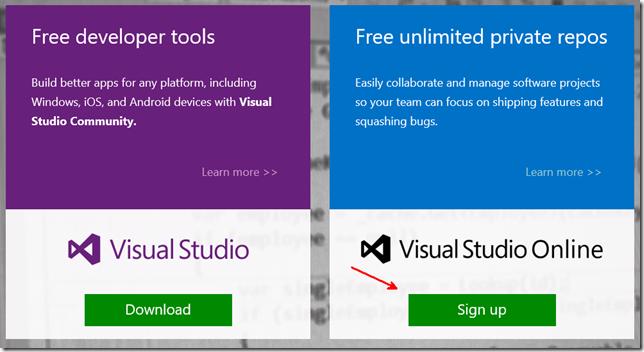 Visual Studio homepage with 'Sign Up' button highlighted