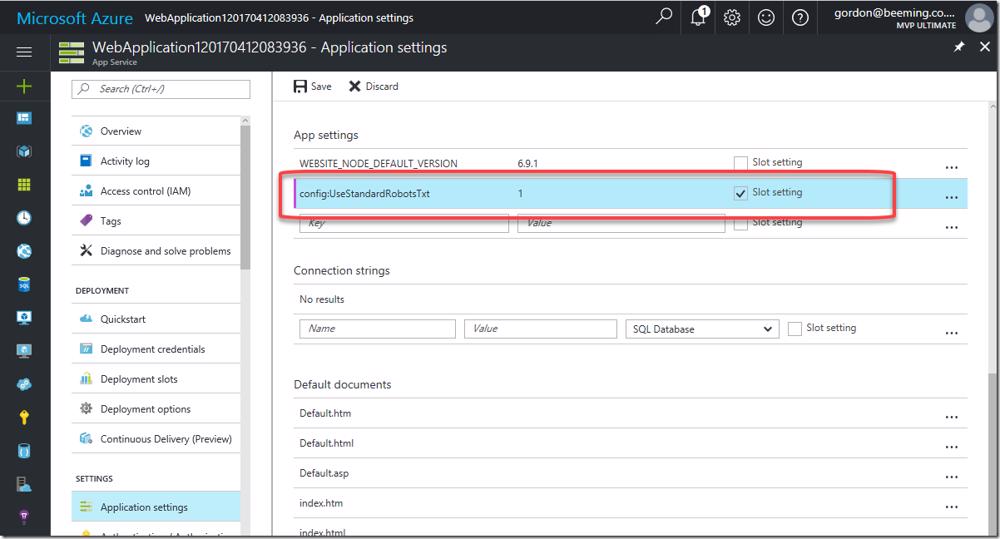 Azure portal adding a slot-specific app setting for config:UseStandardRobotsTxt