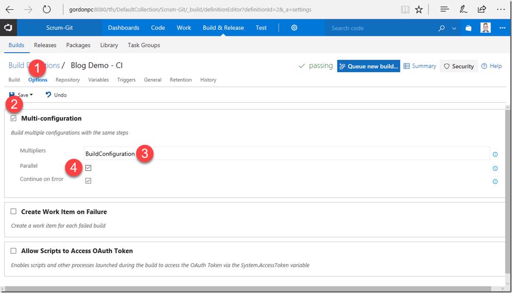 VSTS/TFS build definition options: Enabling multi-configuration build with 'BuildConfiguration' multiplier.