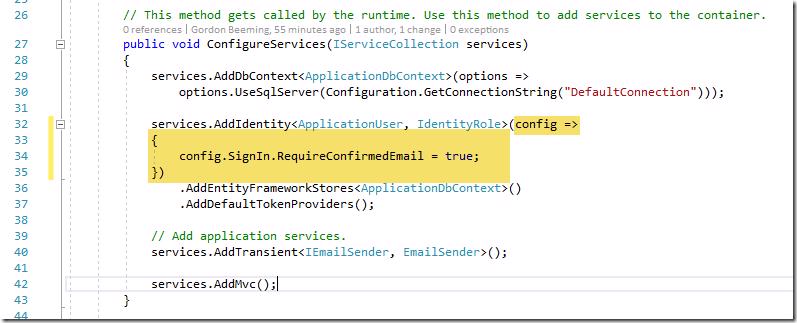 Startup.cs showing code to add IEmailSender service
