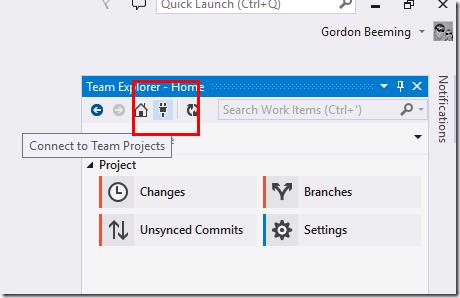 Team Explorer window with Connect to Team Projects button highlighted