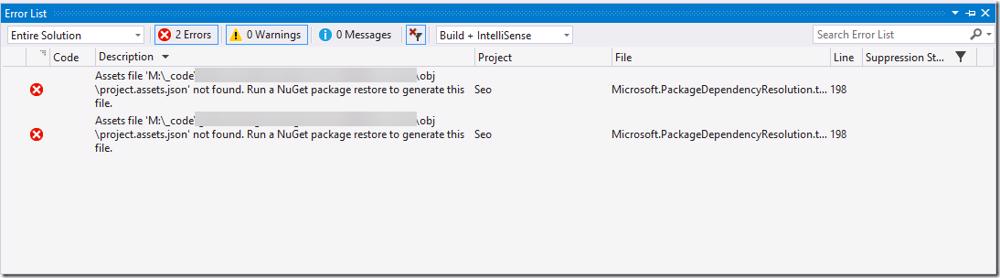 Visual Studio build error after restoring packages