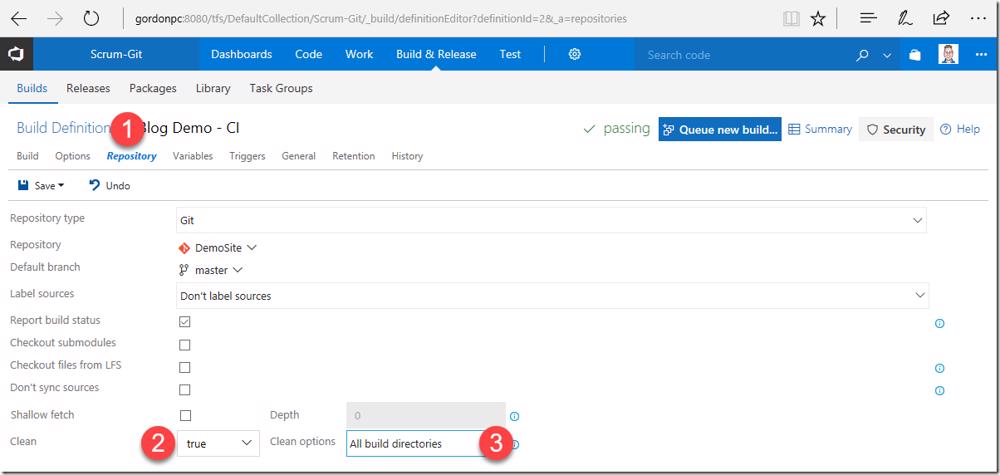VSTS/TFS build definition repository settings: Clean set to true, Clean options set to 'All build directories'.