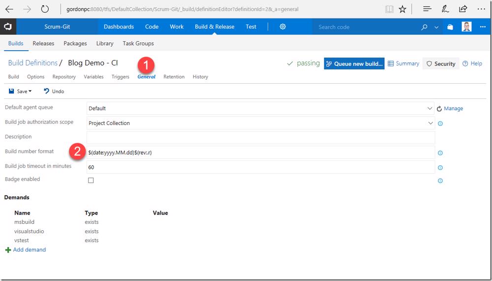 VSTS/TFS build definition general settings: Build number format set to '$(date:yyyy.MM.dd)$(rev:.r)'.