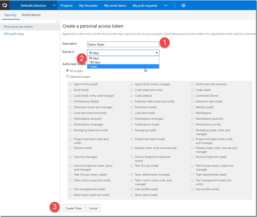 VSTS Create Personal Access Token dialog