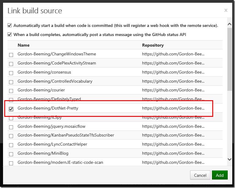 MyGet Link build source dialog