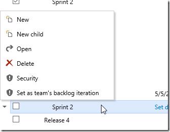 VSTS Iterations page - Context menu for an iteration