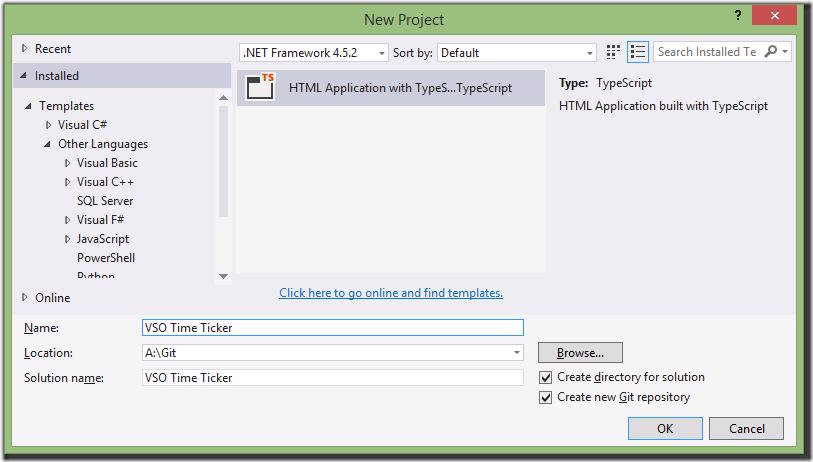 New Project dialog in Visual Studio with TypeScript selected