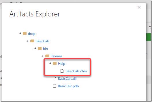 Build output showing the generated help file in the drop location