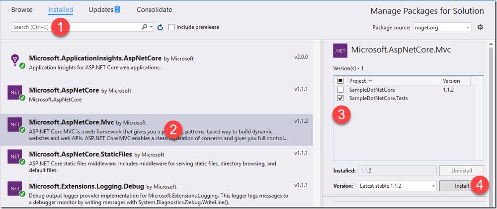 Visual Studio Manage NuGet Packages: Installing Microsoft.AspNetCore.Mvc for the test project.