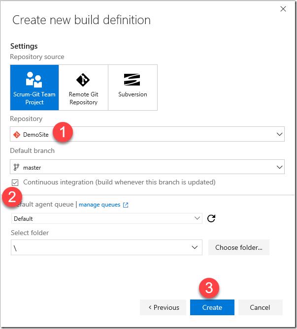 VSTS/TFS: Configuring repository and enabling Continuous Integration for the new build definition.