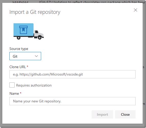 VSTS Import Repository dialog with repository name field