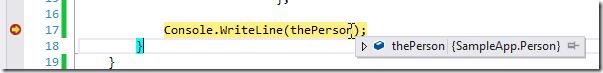 Visual Studio debugger showing default object display (ToString() output)