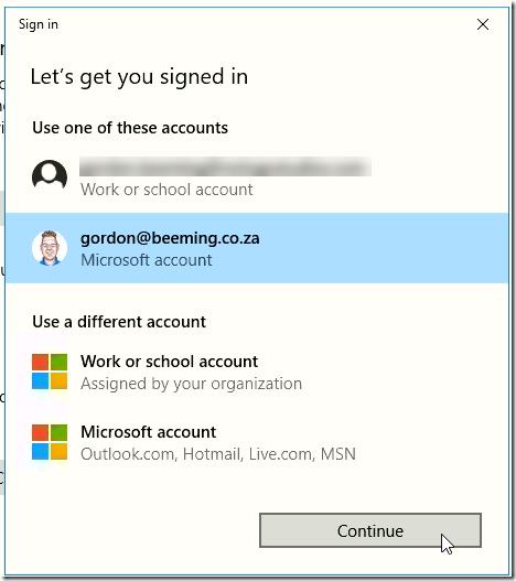 Selecting Microsoft Account for Windows Insider Program