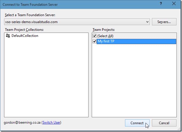 Connect to Team Foundation Server dialog with team projects listed and Connect button highlighted