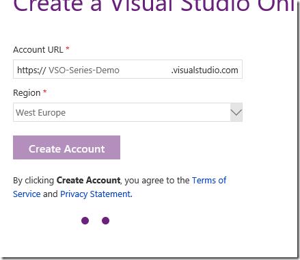 Visual Studio Online account creation progress